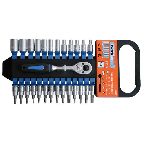 dugókulcs és bitdugófej klt., 27 db; 1/4", 4-13 mm, CV., műanyag tartón