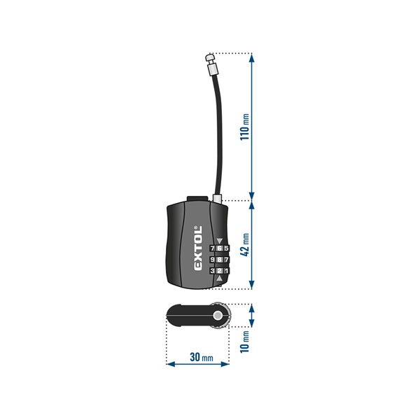 bőröndlakat, számzáras, 1000 db kód beállítható, 110×4mm, sodrott acéldrót kábel