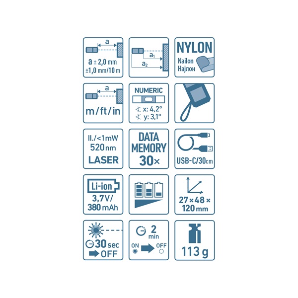 távolságmérő, digitális zöld lézeres; beépített akkuval, mérési tartomány: 0,05-70m, pontosság: +/-2,0mm