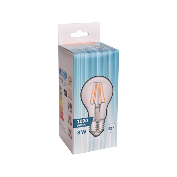LED-es villanykörte  8W; 1000 lumen (75W hagyomány.), Filament LED,E27 foglalat, Meleg Fehér színű, A++ energ.oszt.