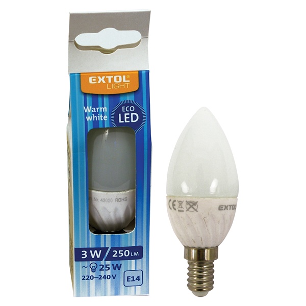 LED-es villanykörte "gyertya izzó" 3W, 250 lumen (25W hagyományos), E14 foglalat, 3000K-Meleg Fehér színű, A ener.oszt.