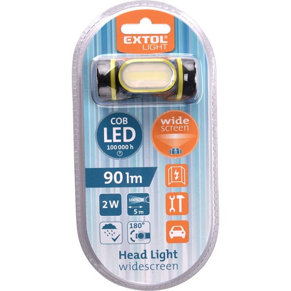 LED fejlámpa, 2 W COB (széles vetítőszögű); 90 Lumen, 3 funkció (teljes/fél fényerő, villogás), cseppálló, elem nélkül