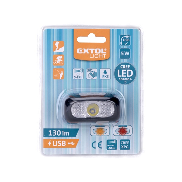 LED fejlámpa, 5 W, CREE XPG, 130 Lumen; 40m hatótávolság, tölthető akkuval, 6 funkció, cseppálló: IPX5