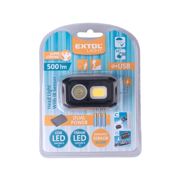 LED fejlámpa, Osram+COB, 500 Lumen; IR szenzor, tölthető akkuval+AAA elemmel is, 4 funkció, cseppálló: IPX4