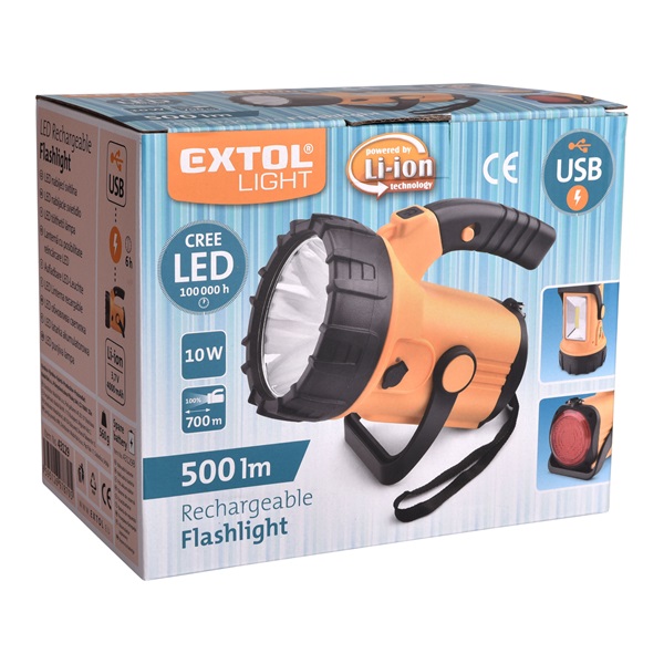 LED lámpa, 10W CREE XML, 500Lm (előre, fókuszált fény) + 3W COB LED - 300lm (oldalra, szórt fény), beépített Li-ion akku