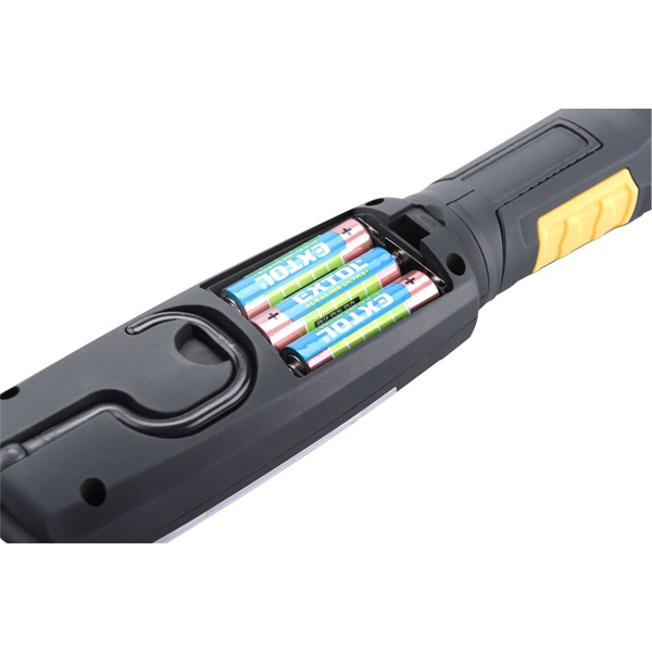 LED lámpa, 3 W COB + 6 LED, 280 Lumen, műanyag ház, mágnes+ akasztó, gumis markolat, elem nélkül