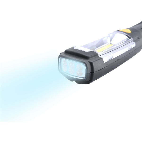 LED lámpa, 3 W COB + 6 LED, 280 Lumen, műanyag ház, mágnes+ akasztó, gumis markolat, elem nélkül