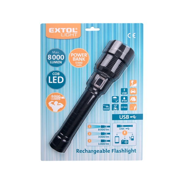LED lámpa, 60 W COB LED; 8000 Lm, ALU ház, zoom, USB újratölthető Li-ion akkus, 5000 mAh, Power Bank funkció