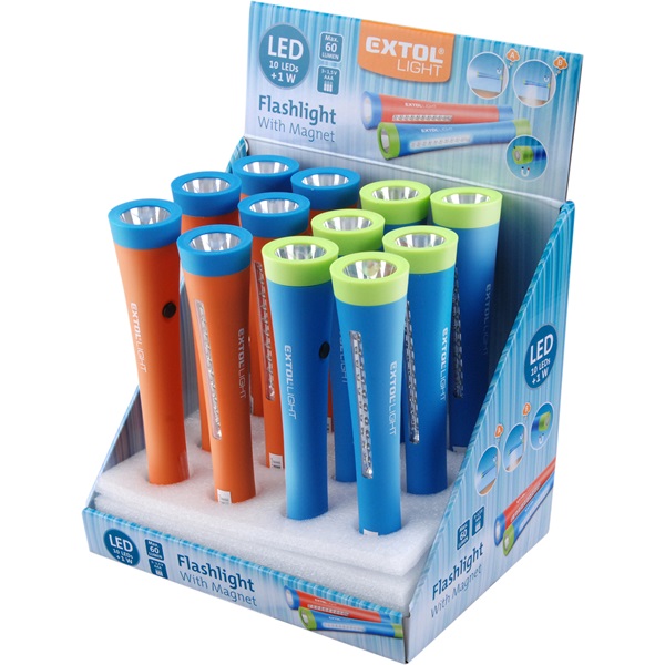LED lámpa, 1 W+10 LED, 2 funkciós; fókuszált fény, világítás oldalra, elem nélkül, 12db/kinálódoboz