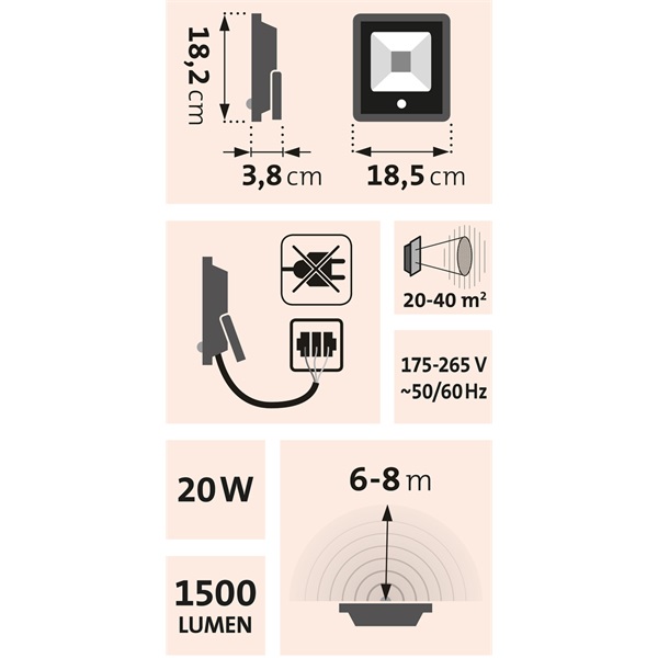 LED lámpa, falra szerelhető reflektor; mozgásérzékelővel, 20W, 1500 Lm, IP65, 230V/50Hz, 0,72 kg