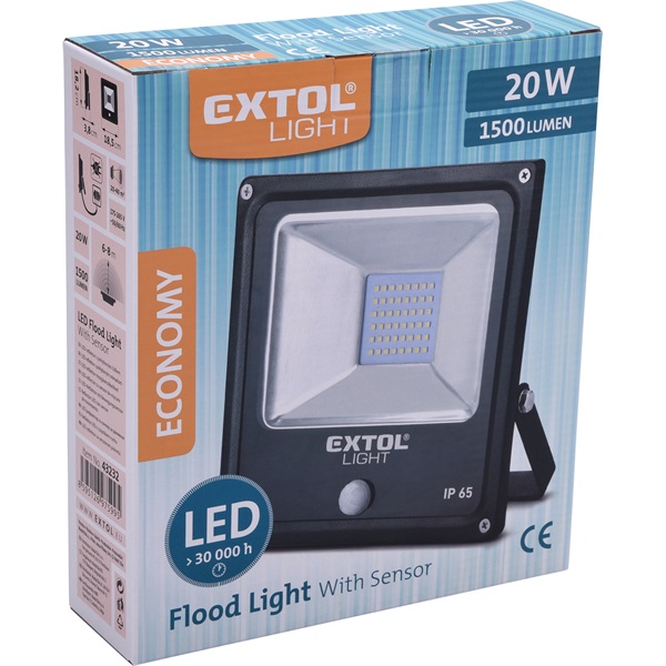 LED lámpa, falra szerelhető reflektor; mozgásérzékelővel, 20W, 1500 Lm, IP65, 230V/50Hz, 0,72 kg