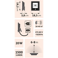 LED lámpa, falra szerelhető reflektor; mozgásérzékelővel, 20W, 1500 Lm, IP65, 230V/50Hz, 0,72 kg