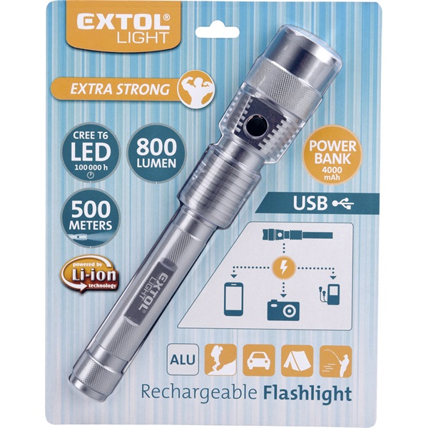 LED lámpa, kb.10W CREE T6, 800Lm, 4000 mAh; Li-ion akku, ALU ház, USB töltőkábel, power bank funkció, 0,36 kg, akár 500m