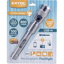 LED lámpa, kb.10W CREE T6, 800Lm, 4000 mAh; Li-ion akku, ALU ház, USB töltőkábel, power bank funkció, 0,36 kg, akár 500m