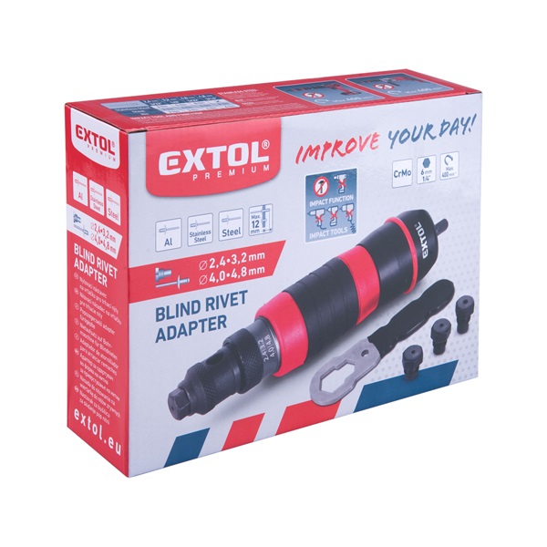 adapter klt. fúrógéphez, popszegecsekhez, 2,4-3,2-4,0-4,8 mm-es szegecsekhez; 1/4" hatszög befogás