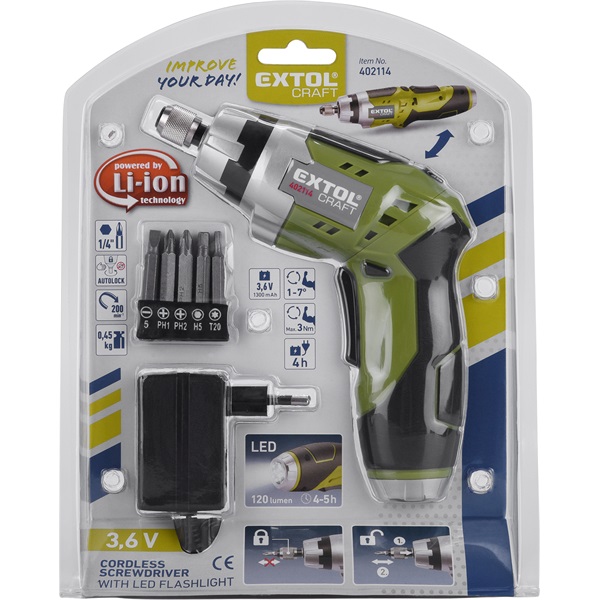 NEM ELADHATÓ akkus csavarbehajtó, Li-ion; 3,6V, 1300 mAh,  200 1/min, 1/4", hatszög BIT-ekhez, elforgatható