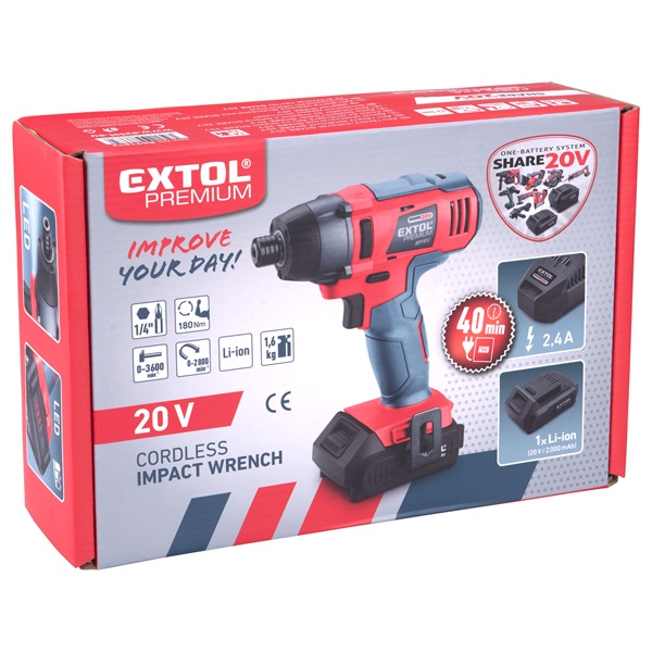 akkus ütvecsavarozó, Share20V, 1/4" hatszög, Li-ion; 1db 20V akku: 2000 mAh, 1db töltő, 180 Nm, KIFUTÓ, HELYETTE 8891814