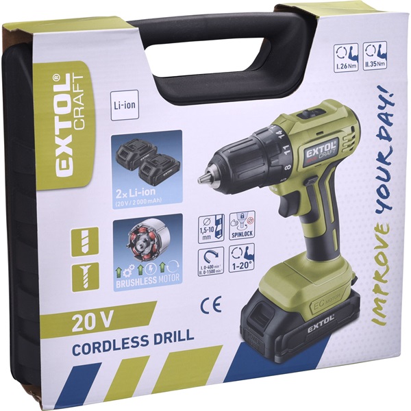 akkus fúrócsavarozó, Power Share, 20V, kefementes motor, kofferban; 2db 2000 mAh Li-ion akku + 1 db töltő