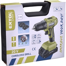 akkus fúrócsavarozó, Power Share, 20V, kefementes motor, kofferban; 2db 2000 mAh Li-ion akku + 1 db töltő