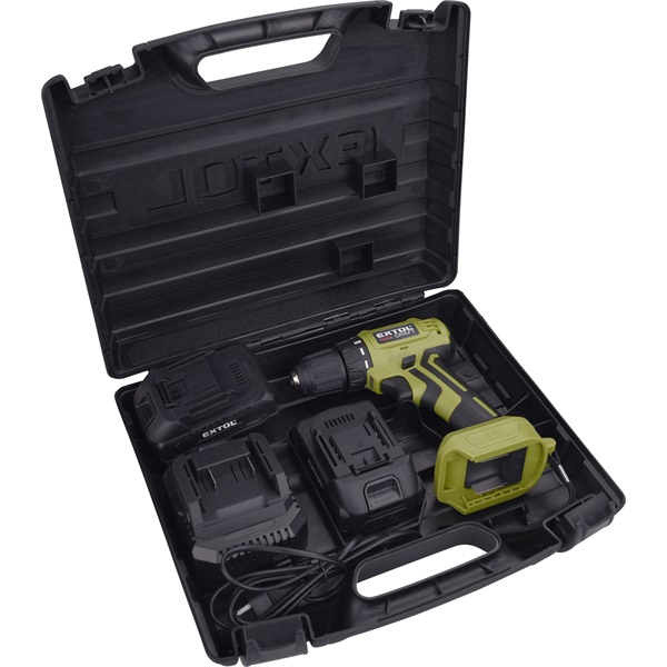 akkus fúrócsavarozó, Power Share, 20V, kefementes motor, kofferban; 2db 2000 mAh Li-ion akku + 1 db töltő
