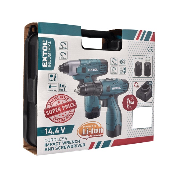 akkus fúrócsavarozó + akkus ütvecsavarozó, 14,4 V (Max. 16,6V), Li-ion, 2db akku, 1db töltő, 2000 mAh, 120/33 Nm