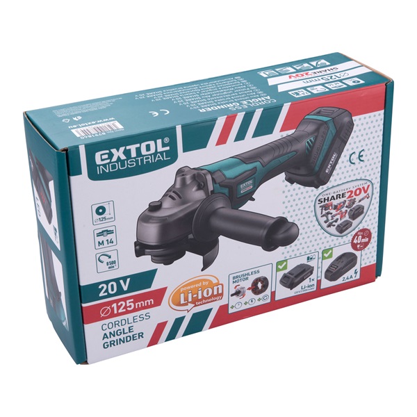 akkus sarokcsiszológép, Share20V, 20V, Li-ion, 1db akku, 1db töltő, 2000 mAh, 125 mm