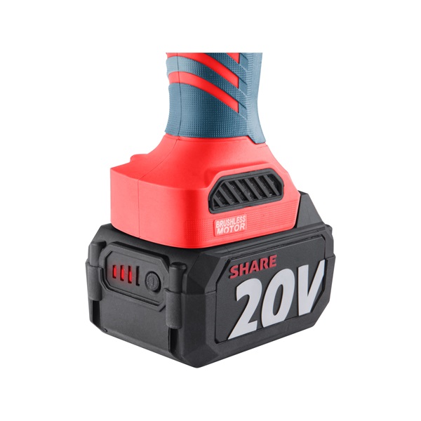 akkus sarokcsiszológép, Share20V, 125mm, szénkefe nélküli, 20V, Li-ion, 1db akku, 1db töltő, 4000 mAh, 115mm