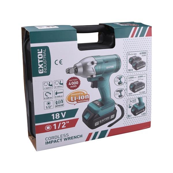 akkus ütvecsavarozógép 18V, LI-ion, 1/2" négyszög befogás, 2 db akku: 4000 mAh, ford.: 2.600 1/min, 260 Nm