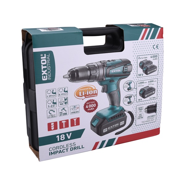 akkus ütvefúró és csavarozó, 18V, Li-ion; 2× 4000 mAh akku, 1× töltő, 19/39Nm