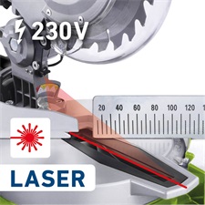 asztali körfűrész, 1450W;  5000 ford/perc; 210×30×2,8mm T40, dönthető és forgatható 0-45°, ALU talp, lézerrel