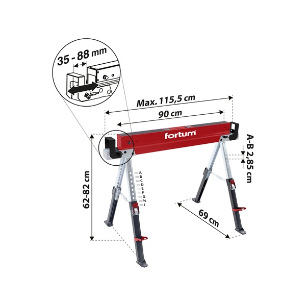 asztalosbak/fűrészbak állítható, összecsukható; 615 - 820 mm, max. terhelés: 590 kg, saját tömeg: 13 kg