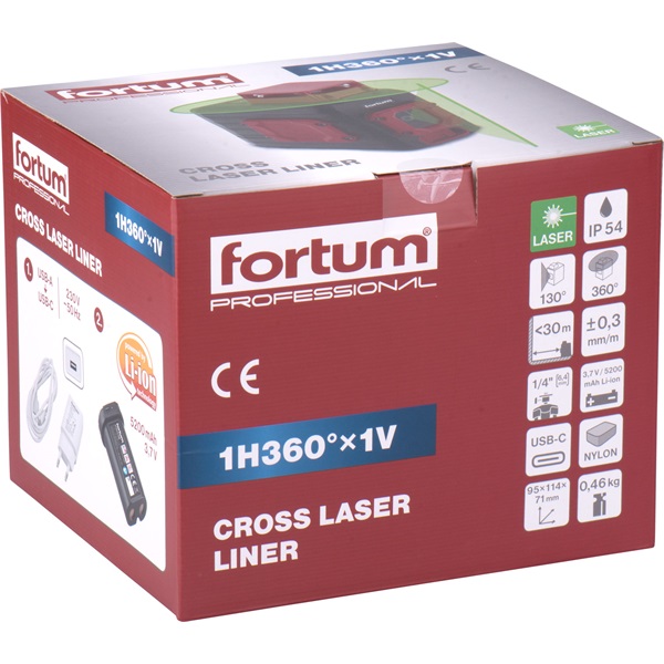 automatikus lézeres vízszintező, ZÖLD, 1D1V (1×360°+1V), Li-ion akku 5,2Ah, pontosság: 0,3mm/1m, 1/4" és 5/8" menet