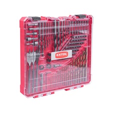 behajtó és fúró klt. 100 db Cr.V., lapos, PH, PZ, HEX, T és TTa illetve fa-, fém- és betonfúrók, műanyag tartóban