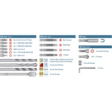 behajtó és fúró klt. 100 db Cr.V., lapos, PH, PZ, HEX, T és TTa illetve fa-, fém- és betonfúrók, műanyag tartóban