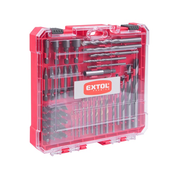 behajtó és fúró klt. 50 db Cr.V., lapos, PH, PZ, HEX, T és TTa illetve fa-, fém- és betonfúrók, műanyag tartóban