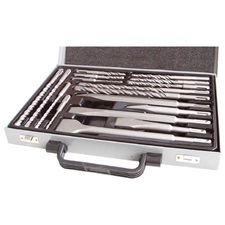 betonfúró és véső klt. SDS PLUS ; 17db, 5, 6, 8,10 /110mm, 6, 8, 10, 12 /160mm, 8, 10, /210mm, 12, 14/260mm, lapos 20, 4