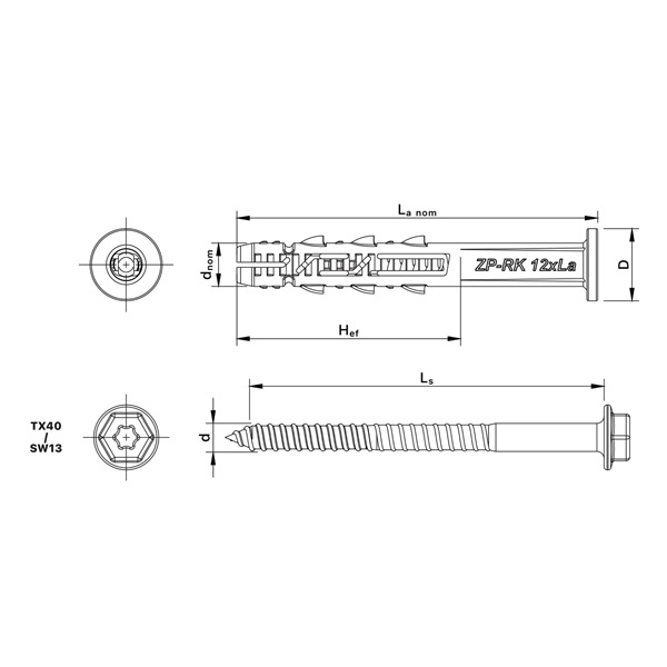 keretrögzítő dübel RK peremmel és hatlapfejű csavarral 12×100mm, 20db