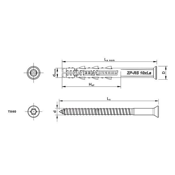 keretrögzítő dübel RS süllyesztett fejjel 10×180mm, 25db