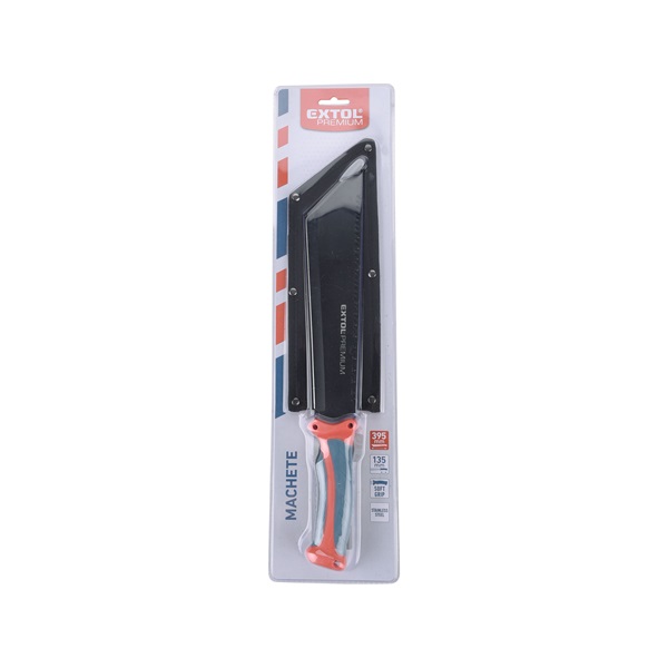 bozótvágó kés (machete), teljes/penge hossz: 395/260mm, fogazott rozsdamentes acél penge, PP+TPR nyél, nylon tok