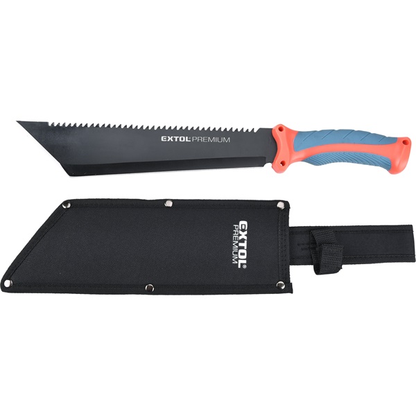 bozótvágó kés (machete), teljes/penge hossz: 395/260mm, fogazott rozsdamentes acél penge, PP+TPR nyél, nylon tok