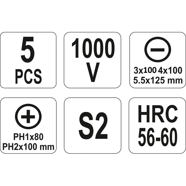 csavarhúzó klt. szigetelt 1000V, 5db ; (-) 3; 4; 5,5; (+) PH (1,2), VDE, bliszteres