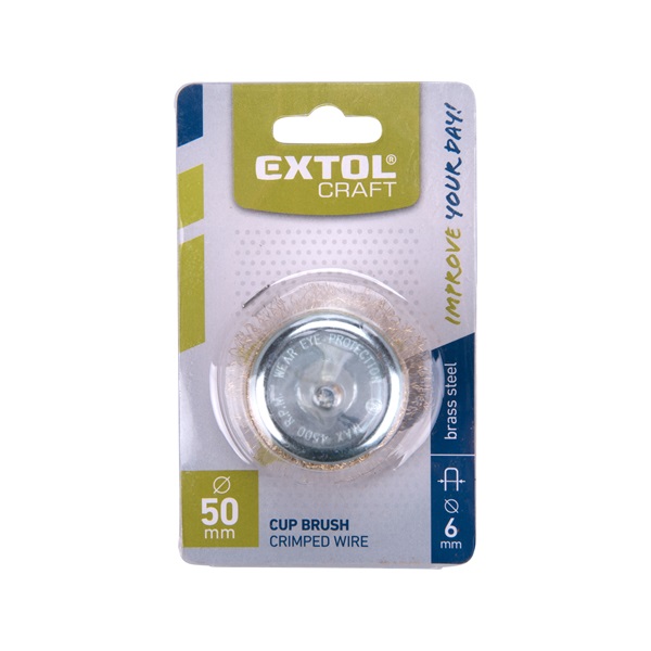 drótcsiszoló fazékkefe, csapos; 50mm, O 6mm-es csap, fúróba fogható, hullámos szálú, rezezett acél, max 4500 ford/perc