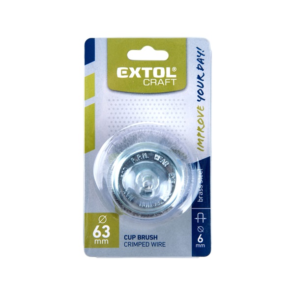 drótcsiszoló fazékkefe, csapos; 63mm, O 6mm-es csap, fúróba fogható, hullámos szálú, rezezett acél, max 4500 ford/perc