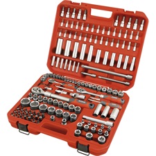dugókulcs, imbusz és bit klt., 155db; 1/4", 3/8" és 1/2" teleszkópos racsnis kar (48 fog), 4-32mm,16+21mm gyertyakulcs