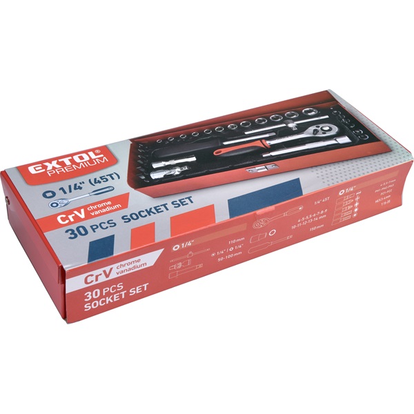 dugókulcs klt., CV., racsnis 45fog ; 1/4" 30db, normál (4-14mm) dugófejek, bitdugófej (-, +, imbusz, torx), fém doboz