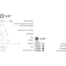 dugókulcs klt., CV., racsnis 45fog ; 3/8", 39db, normál(8-22mm) és hosszú(8-19mm) dugófejek, gyertyakulcs 16&21mm, 11 bi