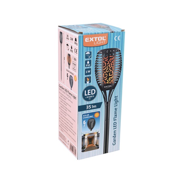 éjszakai, kerti LED lámpa, lángoló fáklya hatás, 1W; 35 Lm, napelem+szenzor, Ni-Mh akku, 800mAh, kerti, leszúrható, 79cm