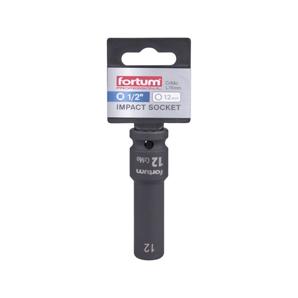 gépi (impakt) dugófej 1/2", 12 mm, L 78 mm, feketített, FORTUM