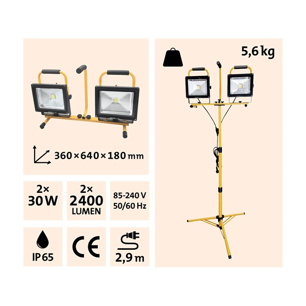 hordozható LED lámpa, 2×30 W, reflektor; 2×2400 Lm, IP65, teleszkópos állvánnyal, 230V/50Hz, 2,9 m kábel