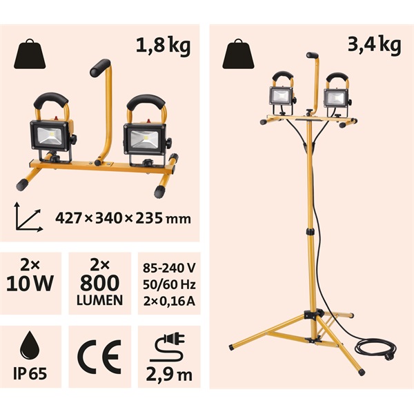 hordozható LED lámpa, 2×10 W, reflektor; 2×800 Lm, IP65, teleszkópos állvánnyal, 230V/50Hz, 2,9 m kábel